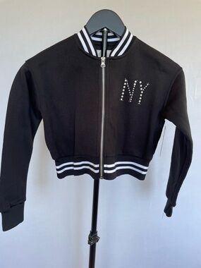 Girls NY Varsity Bomber Jacket 7 Black Cropped Rhinestone Zip Up New with tags